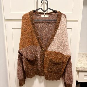 Stitch and Feather Brown Colorblock Women's Cardigan Sweater
